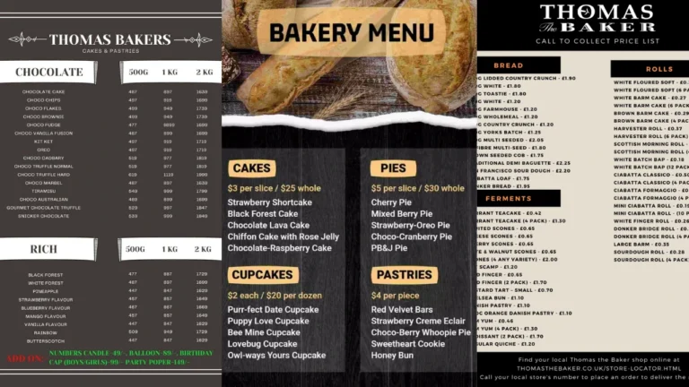 Thoms Bakery Menu