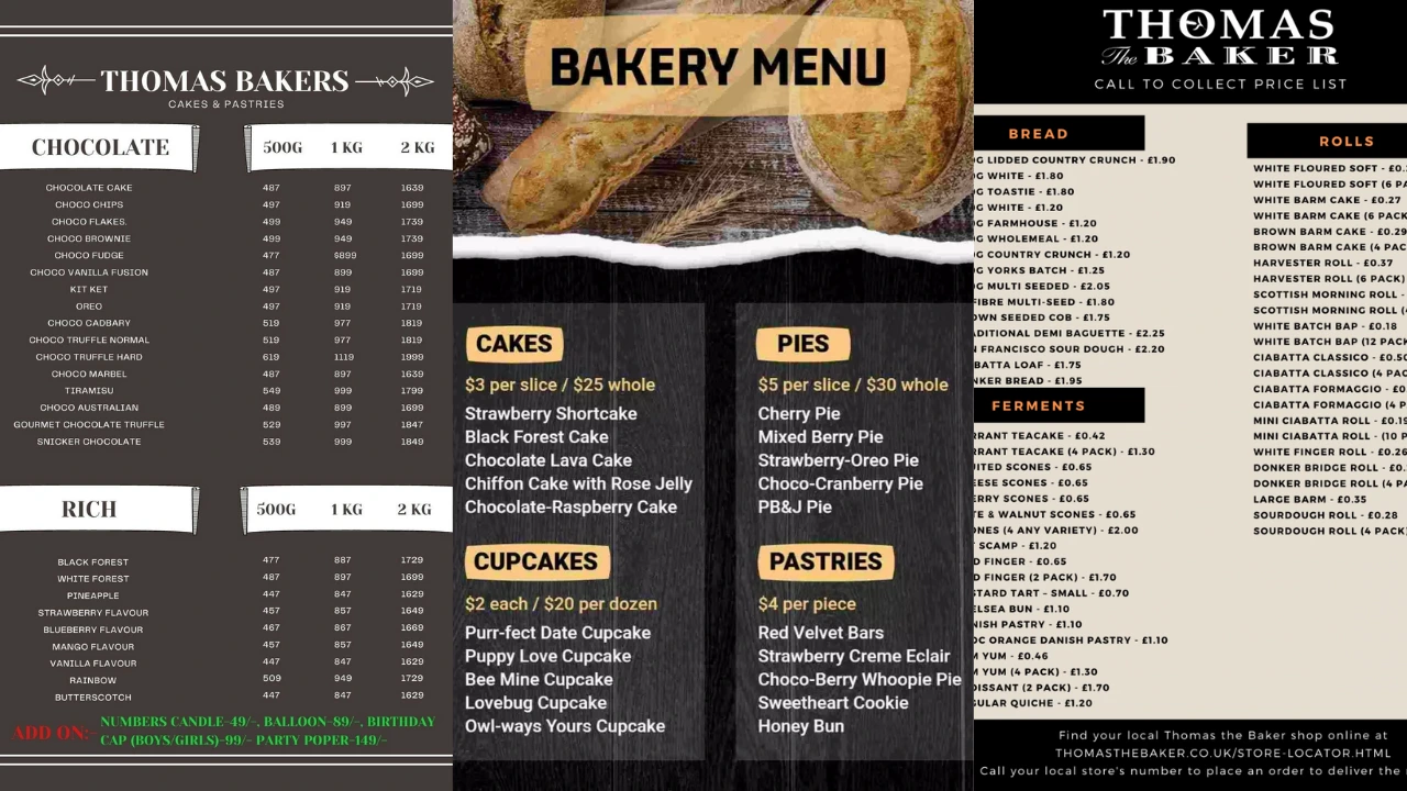 Thoms Bakery Menu