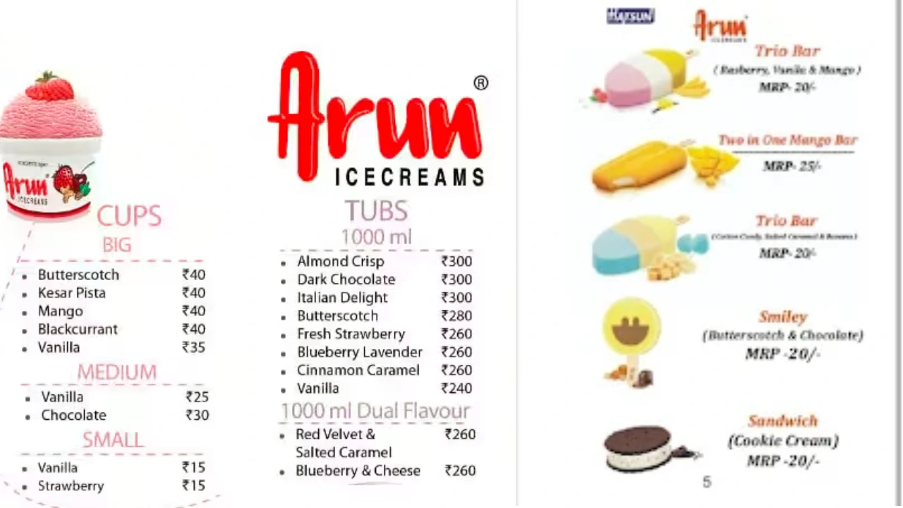 Arun Ice Cream Menu