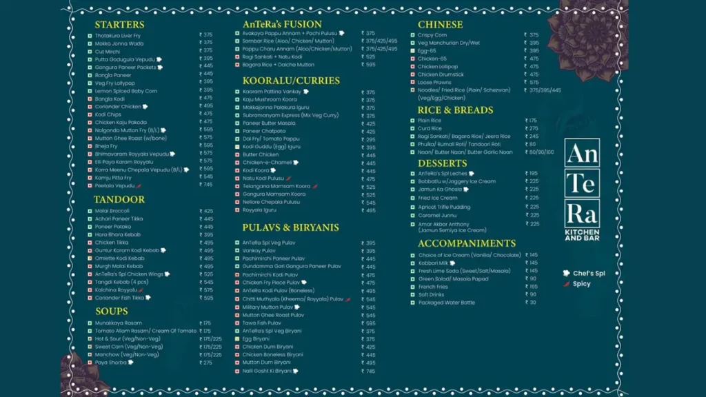Detailed Antera Kitchen and Bar Menu
