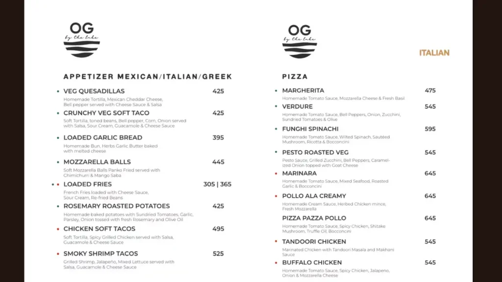 Starters OG by the Lake Menu