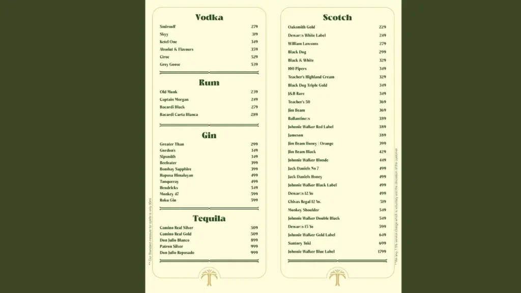 Drinks and Bar The Palms Brew and Kitchen Menu