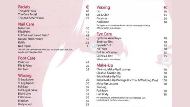 Beauty Parlour Menu Price List