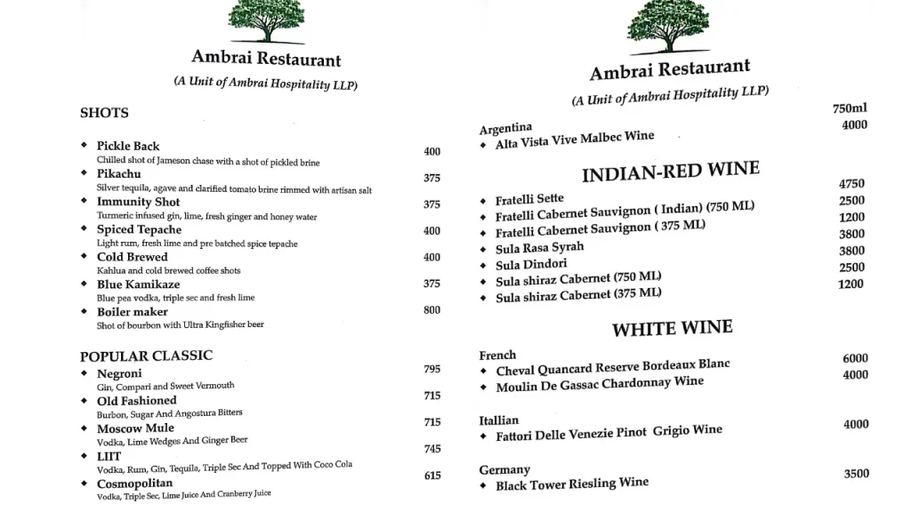 Chinese and Continental Choices Ambrai Restaurant Menu