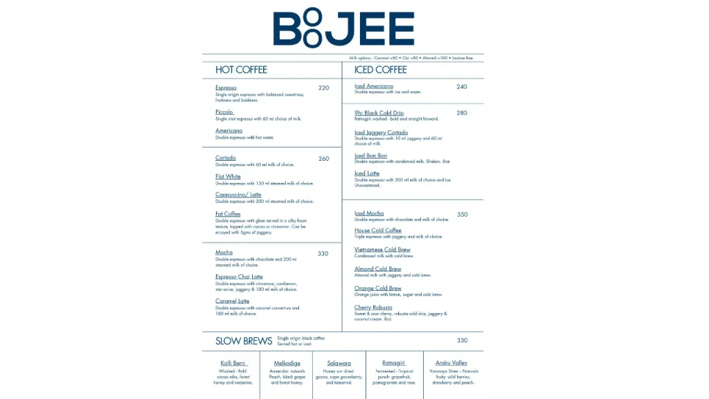 Coffee Section Boojee Cafe Menu