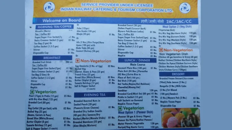 Rajdhani Express 3rd AC Food Menu Price