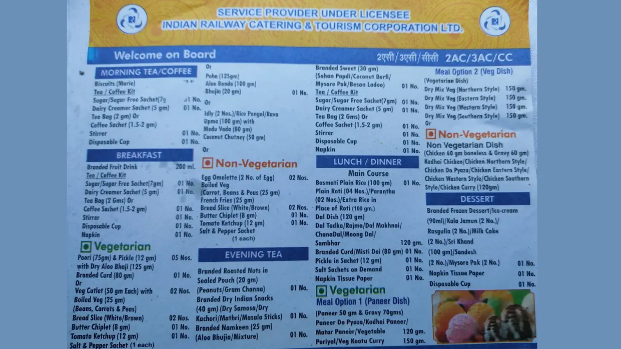 Rajdhani Express 3rd AC Food Menu Price