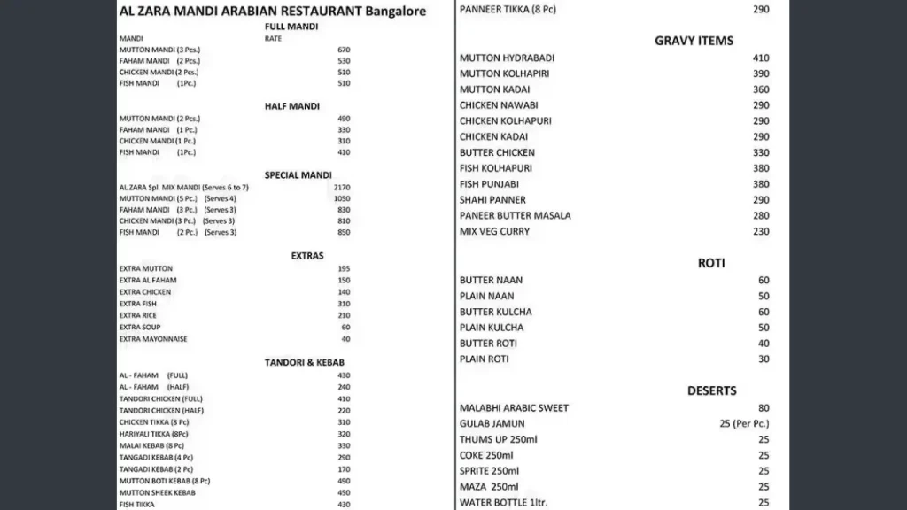 Signature Dishes Al Zara Mandi Arabian Restaurant Menu
