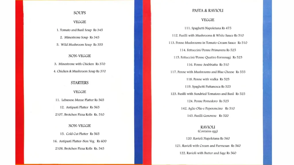 Pasta The Big Chill Cafe Menu